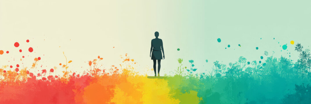 Silhouette of a woman standing on a colorful field
