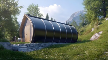 Obraz premium Modern curved cabin in lush green landscape with mountains in the background