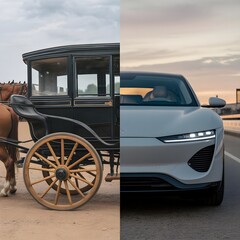 Old vs New transportation evolution. AHighlights the different eras in terms of design, color, and technology, with the old side being dusty and rugged, and the new side being polished and high-tech.