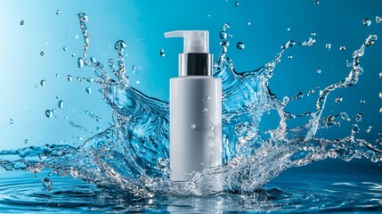 White cosmetic spray bottle amidst dynamic water waves on a bright blue background, symbolizing freshness and luxury.