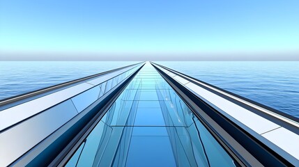 Fototapeta premium Modern glass walkway extending over calm blue water, creating a serene and futuristic landscape under a clear sky.