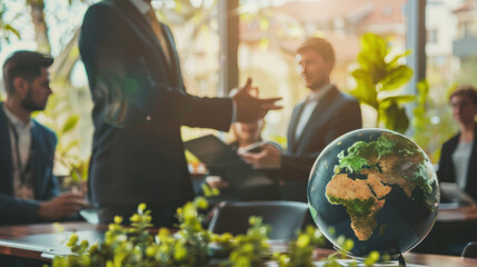 A business leader presenting sustainability goals to a global audience, focusing on leadership roles in driving environmental responsibility in multinational corporations.