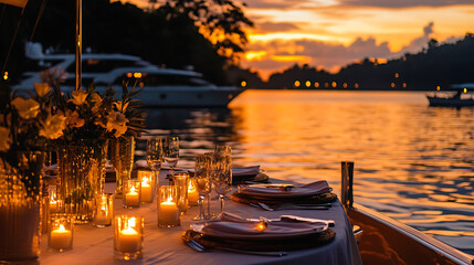 Private dinner setup on a boat, with soft lighting, candles, and a view of the sunset over the water