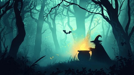 Obraz premium Witch is preparing a magic potion in her cauldron in a spooky forest at night, with bats flying around and a mysterious atmosphere
