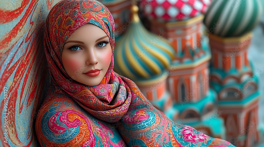 Wall mural A Russian Matryoshka woman in a colorful folk dress and headscarf, posing gracefully in front of St Basil's Cathedral The swirling patterns on her dress reflect the vibrant,