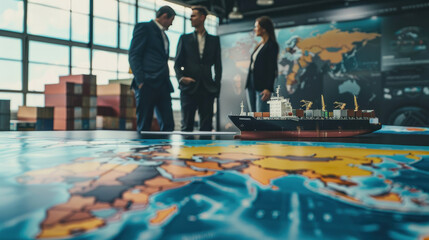 A business meeting focused on cross-border logistics, where leaders discuss supply chain management and distribution across different regions.