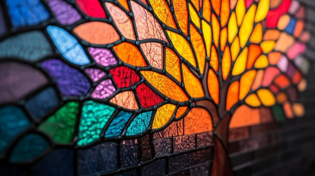 Colorful stained glass artwork depicting a vibrant tree design.
