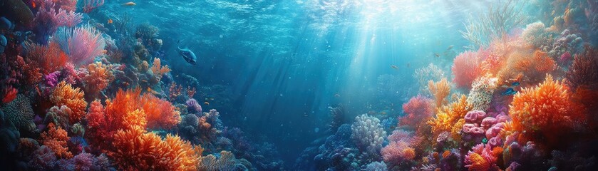 Fototapeta premium Close-up of a mystical ocean, fantastical sea creatures cleansing vibrant coral reefs, sunlight dancing on the waters surface, harmony of nature and magic