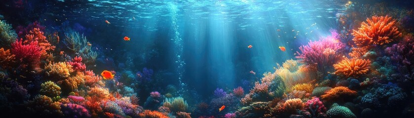 Close-up of a mystical ocean, fantastical sea creatures cleansing vibrant coral reefs, sunlight dancing on the waters surface, harmony of nature and magic