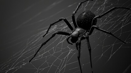 Black widow spider waits on its web, legs spread elegantly. The black and white contrast creates a spooky atmosphere, perfect for halloween designs. The detailed silk pattern adds danger and fear