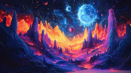 Fototapeta premium Close-up of a vibrant street mural blending with a mystical fantasy landscape, illuminated by neon glows