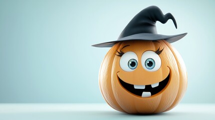 Cheerful jack-o'-lantern with a witch hat, smiling in 3d, radiates festive halloween spirit on a blue background. Perfect for autumn projects