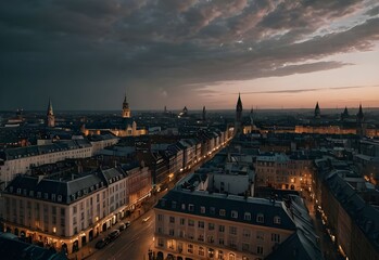 Obraz premium Sunset Over City Rooftops with Illuminated Streets and Towers