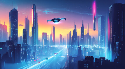 background with a futuristic city, showcasing flying cars, advanced technology, and imaginative sci-fi elements
