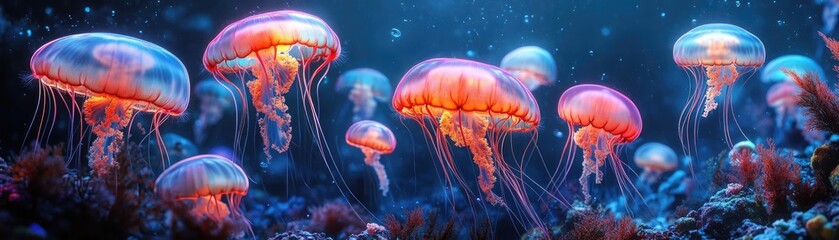 Fototapeta premium Close-up shot of a vibrant underwater feast, glowing jellyfish serving delicacies, magical creatures dining joyfully