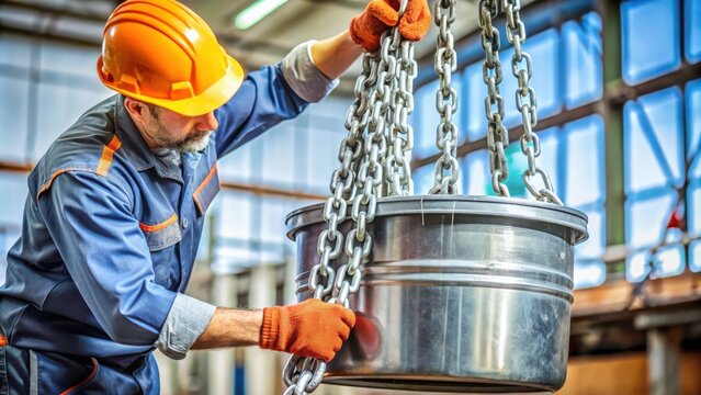Trained rigger inspector guiding heavy duty chains block into galvanized bucket