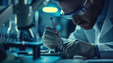 Skilled technician holding precision screwdriver, meticulously repairing small electronic device on clean workbench. Detailed repair process in focus.