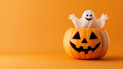 Fototapeta premium Cheerful cartoon ghost pops out of a pumpkin in a halloween image, adding a playful touch to the festive scene. Perfect for cards, banners, and more