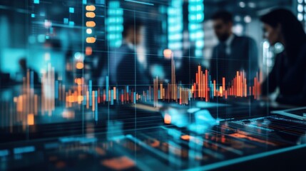 A digital interface displaying data analytics and business discussions in a modern workspace.