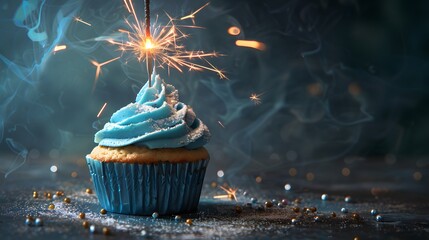 Blue Birthday Cupcake Topped with a Sparkler for a Festive Celebration