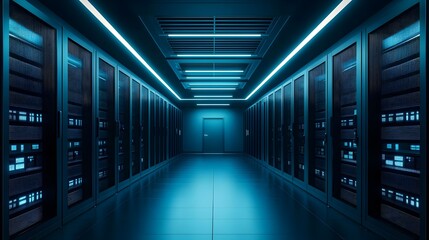 Modern server room with blue lighting and rows of servers on either side.