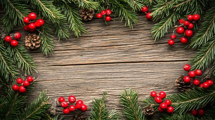 Christmas tree branch decorations framing a wooden table, creating festive and seasonal wallpapers with pine cones, red ornaments, and vibrant greenery.