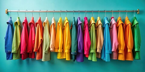 Colorful clothing hanging on coat hooks in a vibrant and stylish display