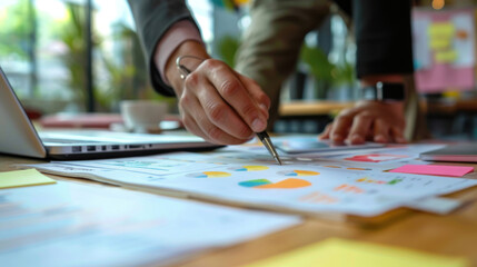 Fototapeta premium A business strategy meeting focused on financial planning, with team members presenting key figures and discussing investment opportunities.
