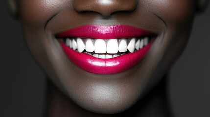 Naklejka premium Close up of a woman's smiling mouth with bright white teeth and pink lipstick.