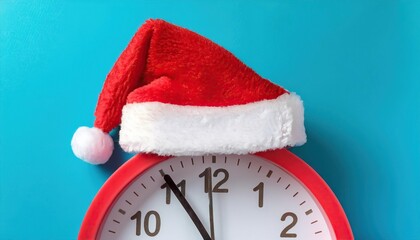 Red clock with Christmas Santa hat. Time for Christmas shopping concept