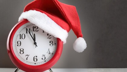 Red clock with Christmas Santa hat. Time for Christmas shopping concept