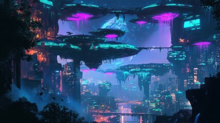 Fototapeta premium In the far future, glowing gardens of bioluminescent plants flourish during the 'hoa hoa hoa season.' 