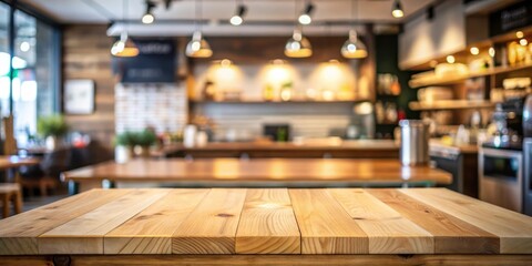 Wooden kitchen table with an empty board for product presentation on a blurred background in a cafe or restaurant setting