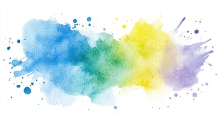 Abstract watercolor background with blue, green, yellow and purple shades.