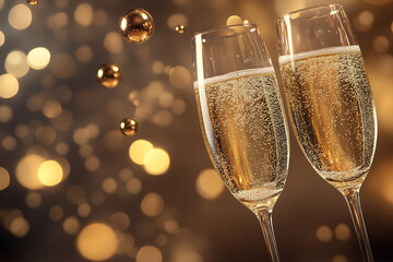Celebratory New Year's background with champagne glasses clinking and golden bubbles floating up