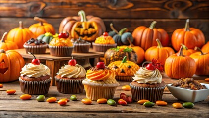 Halloween themed candy bar with cupcakes, muffins, and pumpkins on a wooden table