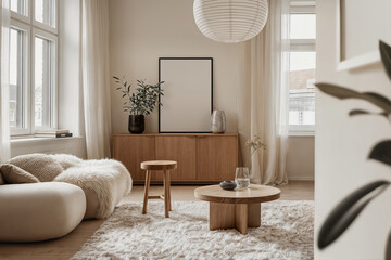 Blank black frame mockup in nordic contemporary scandinavian living room interior. Empty template of poster mock up din A ratio, home interior in beige tones, wooden furniture, white wall background