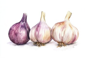 Fototapeta premium A vibrant illustration of three garlic bulbs showcasing different colors and textures, perfect for culinary and health themes.