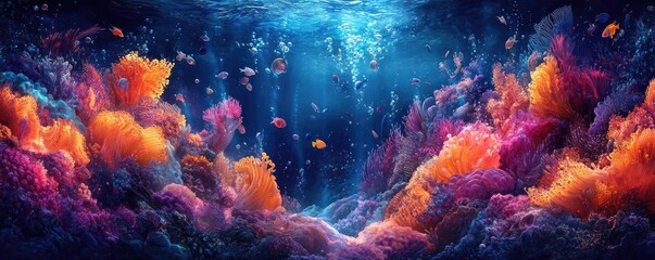 Obraz premium Frontal underwater world, vibrant marine life dancing to melodic soundwaves, immersive colors and textures