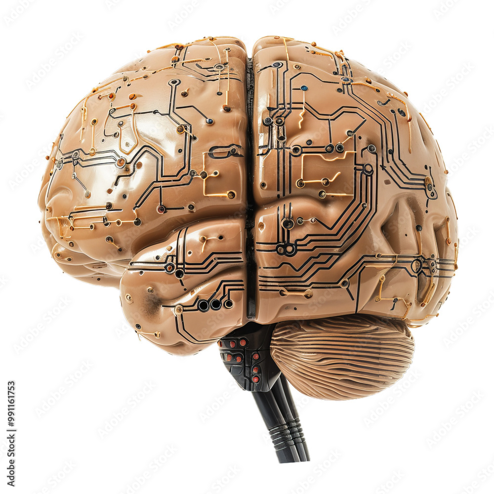 Poster human brain model showing circuit board pattern is isolated on white background with clipping path i