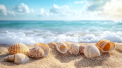 seashells lying on the sandy beach with the ocean and horizon in the background, a tranquil and picturesque scene of marine life and coastal relaxation in a peaceful environment