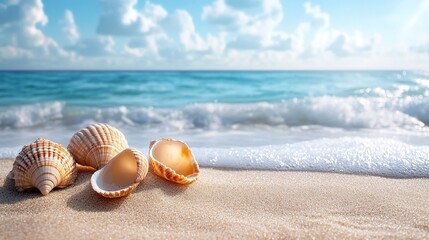 seashells lying on the sandy beach with the ocean and horizon in the background, a tranquil and picturesque scene of marine life and coastal relaxation in a peaceful environment