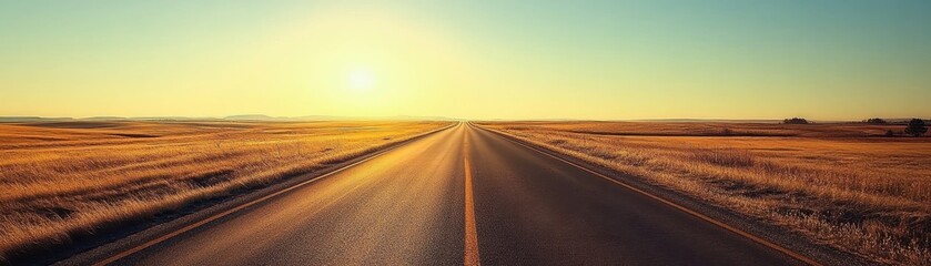 Endless Open Road at Sunset with Golden Fields and Clear Sky - Perfect for Travel and Adventure Themes