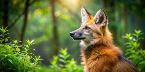 Fototapeta premium A maned wolf peacefully gazing upwards in a lush forest setting, radiating wonder and tranquility