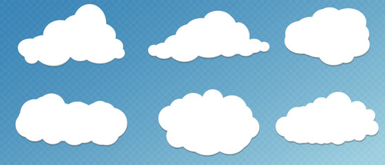 Set of white cloud illustrations. Clouds in sky blue, vector clouds over sunrise, Vector landscape nature sunrise in Winter, sunset.