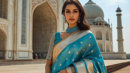 Fototapeta premium An elegant Indian woman in a turquoise silk saree, her jewelry glinting in the afternoon sun,