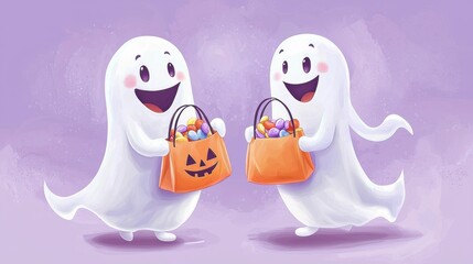 Two happy halloween ghosts carrying bags full of candy, celebrating halloween. Perfect for projects related to halloween