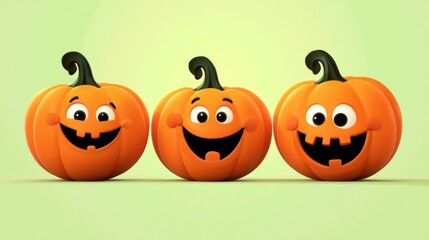 Three friendly and cheerful halloween pumpkins grinning on a vibrant green background, bringing the spooky season to life with their infectious joy