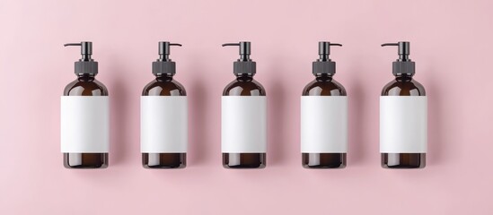 Minimalist Brown Bottles with Blank Labels on Pink Background for Branding and Packaging Mockup
