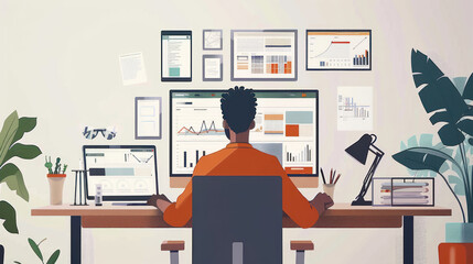 A CEO working remotely, overseeing the company's operations through digital tools, video conferences, and real-time data analytics.